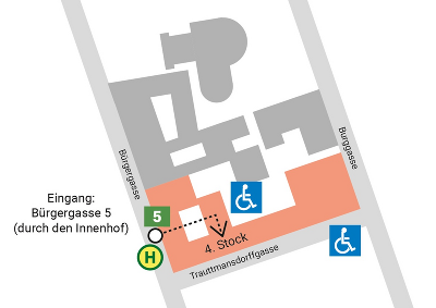 Das Bild zeigt einen Lageplan. Man sieht den Weg zum Büro der Anwaltschaft für Menschen mit Behinderung, von der Bürgergasse kommend, in den Innenhof, und dort rechts ins Gebäude. Das Büro ist im 4. Stockwerk.
